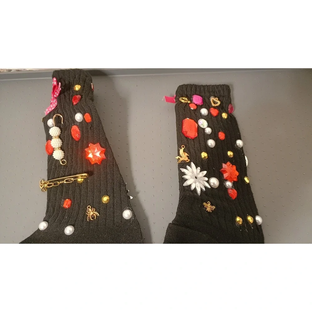Embellished Crew Socks Womens OS Black Good DIY Kitsch Maximalist